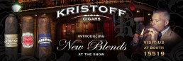 A promotional image for Kristoff Cigars showcasing three cigar types under warm lighting. A man lights a cigar on the right. Text: 