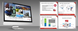 A presentation displayed on a monitor features industrial imagery and graphs. It covers UOP Oleflex technology with global operating footprint, capacity charts, and Q&A section. The tone is professional and informative.