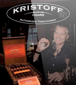 A man smiling while holding a cigar is juxtaposed with an open box of Kristoff cigars. The overlay features the Kristoff Cigars logo, suggesting elegance.