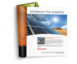 An advertisement showcases solar panels against a sky with clouds and sunshine, emphasizing weather resilience. Text highlights Honeywell's solar technology.