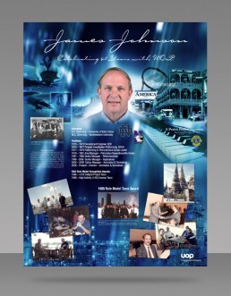 Collage celebrating James Johnson's 40 years with UOP. Central portrait, career highlights, and various photos on a blue-toned background.