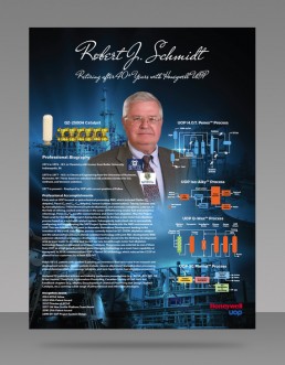 Portrait of a professionally dressed man in glasses, centered against a backdrop of industrial designs and text detailing his achievements and biography. The text highlights his 40-year career with Honeywell UOP, emphasized by technical diagrams and a refinery background, projecting a tone of accomplishment and expertise.