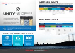 Honeywell UOP brochure featuring Unity Hydroprocessing Catalysts with images of catalyst jars. Includes tables for hydrotreating and hydrocracking, highlighting chemical components and uses. Emphasizes comprehensive global solutions and 100+ years of industry experience. Background shows an industrial skyline. Keywords: catalysis, hydrotreating, hydrocracking.