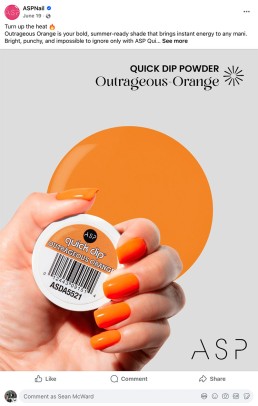 A hand with bright orange nail polish holds an ASP Quick Dip Powder labeled 