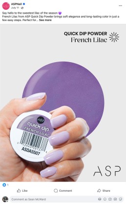 Hand with lilac-painted nails holds a jar of ASP Quick Dip Powder in 