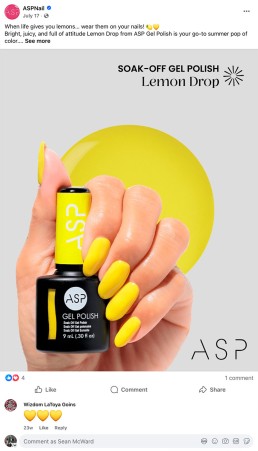 A hand with bright yellow nail polish holds a bottle of ASP Gel Polish, Lemon Drop. The background is light gray with product text above. The tone is vibrant and lively.