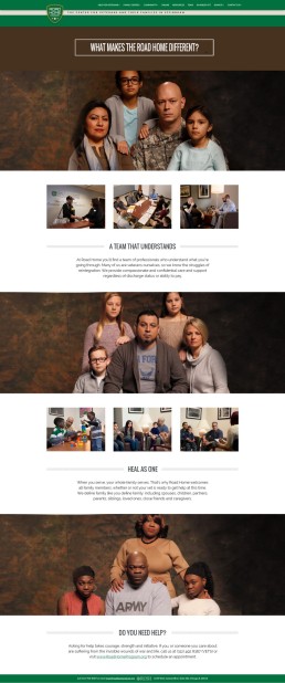 Webpage for The Road Home Program featuring diverse families posing together. Images highlight support, healing, and military connections. Tone is compassionate and supportive.