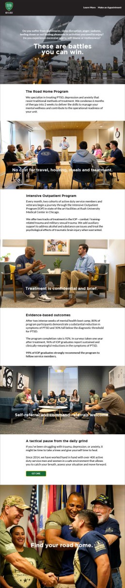 Webpage for a program supporting veterans, featuring images of group therapy and counseling. Emphasizes 'These are battles you can win.' Tone is supportive and hopeful.