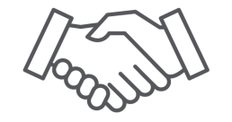 Icon of two hands shaking on a black background, symbolizing agreement or partnership. The lines are simple and clear, conveying cooperation.