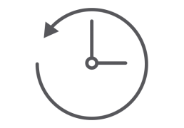 A gray clock icon on a black background, featuring a clockwise arrow around it, symbolizing time or history. The tone is simple and modern.