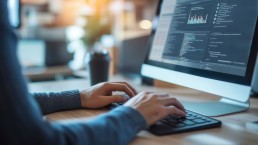 A person types on a keyboard in front of a computer screen displaying analytical graphs and code. The setting is a modern, softly lit office.