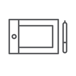A simple gray line drawing of a tablet and stylus on a black background. The design is minimalistic, with a modern, tech-focused feel.