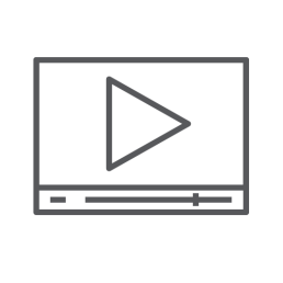 A simple gray outline of a video player icon on a black background, featuring a play button in the center and a progress bar below. Minimalistic design.