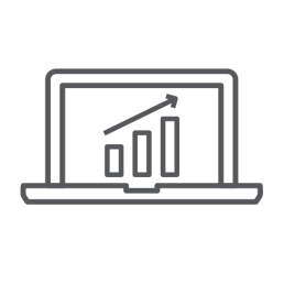 A gray outline of a laptop on a black background displays a rising bar graph, symbolizing growth and progress. The tone is professional and modern.