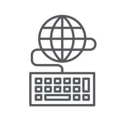 A minimalist gray icon on a black background shows a globe connected to a keyboard, symbolizing global communication and internet access.