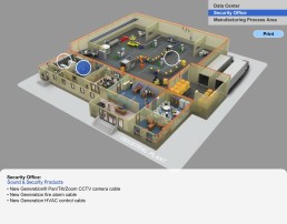 3D model of an industrial plant showing detailed office and manufacturing areas. Labels indicate sections like 