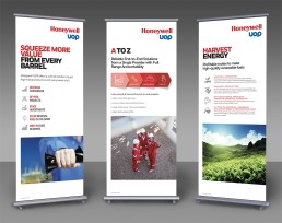 Three Honeywell UOP banners showcasing oil and energy solutions. Keywords include 
